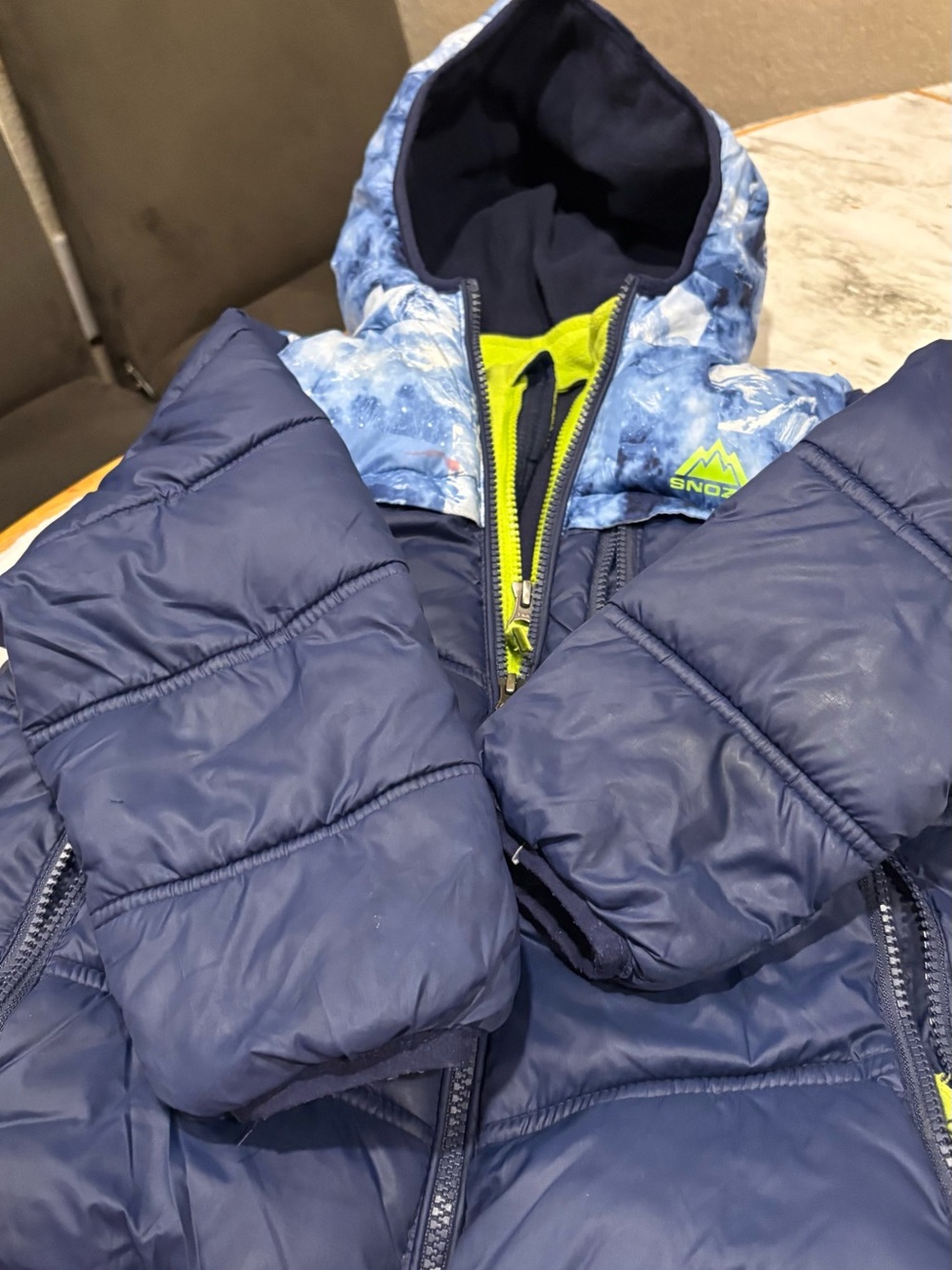 Kids Navy Hooded Puffer Jacket with Blue Pattern and Lime Trim